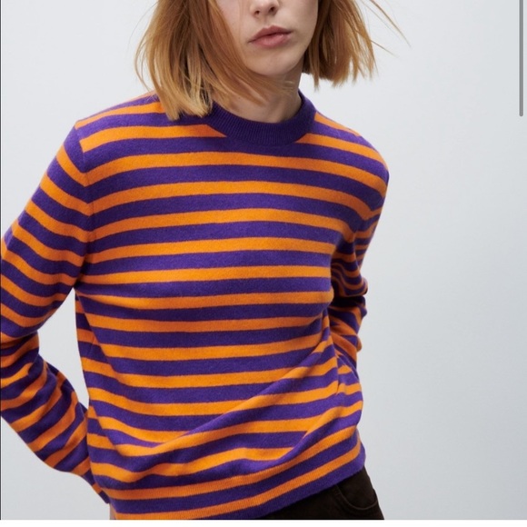 🔖 M ZARA Purple Orange Striped Wool Cashmere Blend Crew Neck